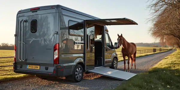 Horsebox in a lane with a horse beside it