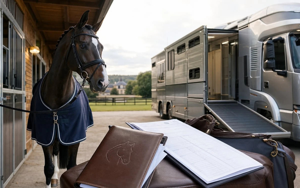 Horse stood in front of a horsebox with documents in the foreground
