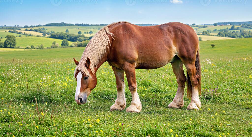 horse eating grass in a field