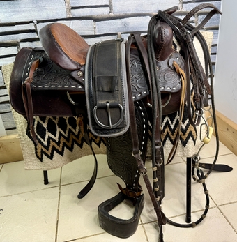 15” SQHB Leather Western Set-Saddle, Headstall, Nathe Gag, Cinch